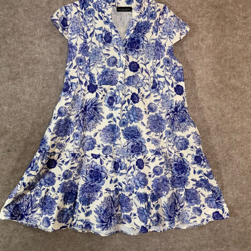 Francesca Bettini Dress Women M Blue Floral Linen Cotton Made Italy Button Front
